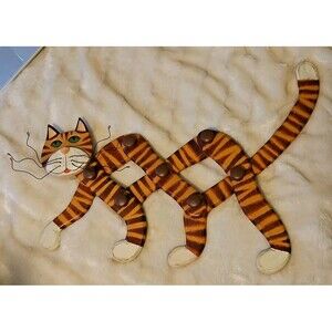Wooden Cat Expandable Accordion Coat /Hat Rack Orange Tabby With Wire Whiskers